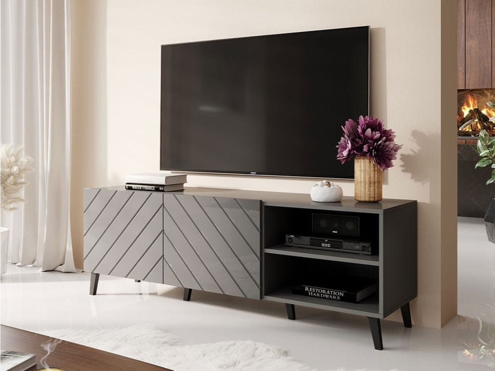 Veneti TV stolík 150 cm BERMEJO - grafitový / lesklý grafitový